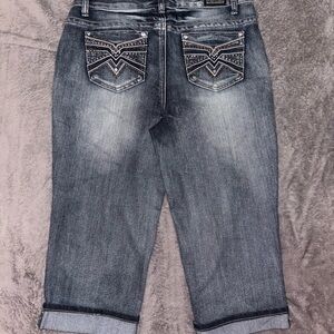 Earl Jean Capri Pants Blue Denim Rhinestone Embroidered Cuffed Hem size 10